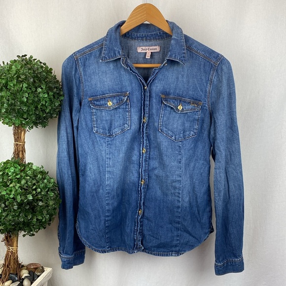 Juicy Couture Blue Denim Button Up Long Sleeve Western Cowgirl Medium Wash Top M - Picture 2 of 7
